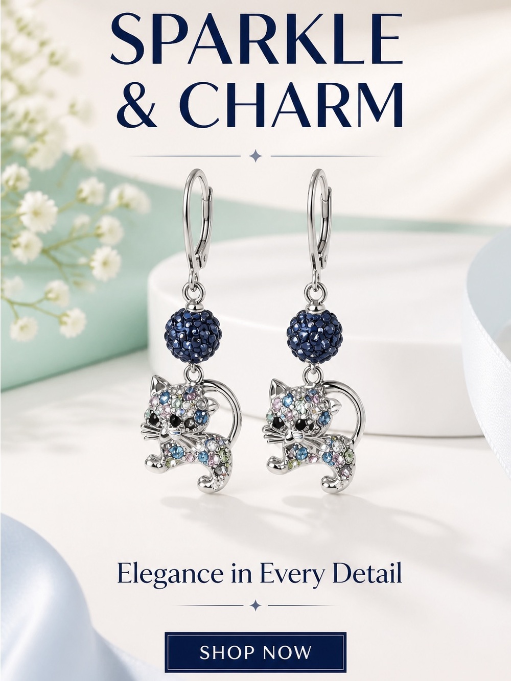 Cat Drop Earrings in Navy and Multicolor Crystal